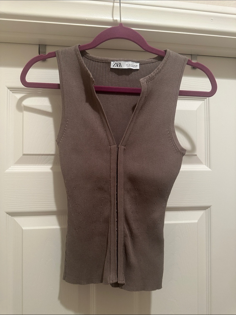 ZARA Taupe Ribbed Zip-Front Sleeveless Top